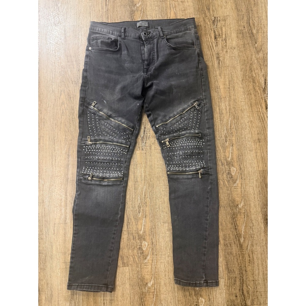Zara Man Black Biker Moto Jeans Studded Zipper Detail Slim Fit Mens 32